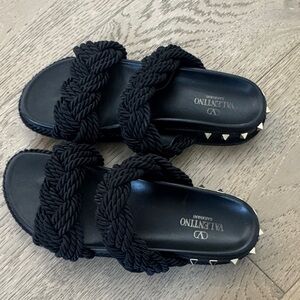 Valentino Garavani Black Braided Rope Slide Sandals with Stud Trim